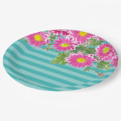 Rosa Daisy Blume auf Türkis Streifen Pappteller (Schrägansicht)