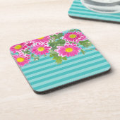 Rosa Daisy Blume auf Türkis Streifen Untersetzer (Linke Seite)