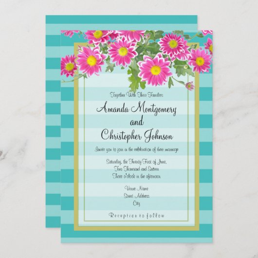 Rosa Daisy Blume auf türkisfarbenen Streifen Hochz Einladung (Vorne/Hinten)