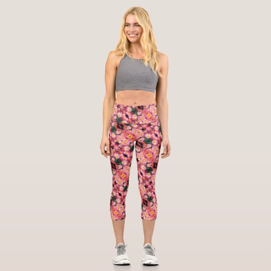 Rosa Daisy Blume und Hummelmuster Capri Leggings (Vorderseite)