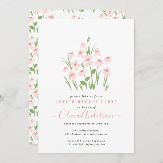 Rosa daisy floral elegant 60. Geburtstag Einladung (Vorne/Hinten)