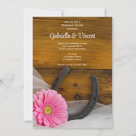 Rosa Daisy und Hufeisen Western Probe Abendessen Einladung (Vorderseite)
