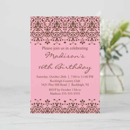 Rosa Damask 16 . Geburtstag Geburtstag Einladung (Stehend Vorderseite)