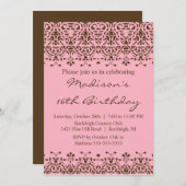Rosa Damask 16 . Geburtstag Geburtstag Einladung (Vorne/Hinten)
