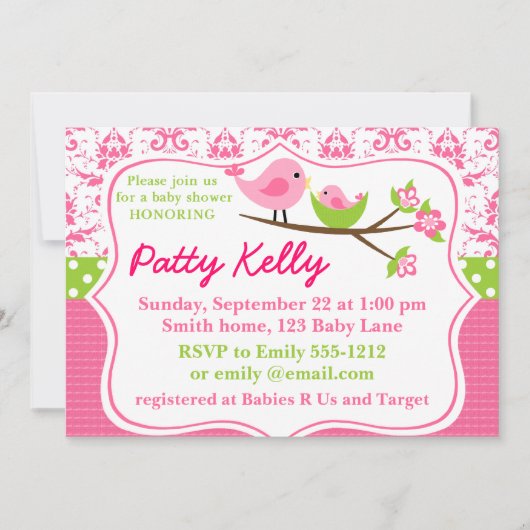 Rosa Damask Babydusche Einladung mit Birdies (Vorderseite)