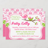 Rosa Damask Babydusche Einladung mit Birdies (Vorne/Hinten)