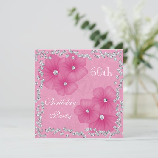 Rosa Damask & Blume 60. Geburtstag Einladung (Stehend Vorderseite)