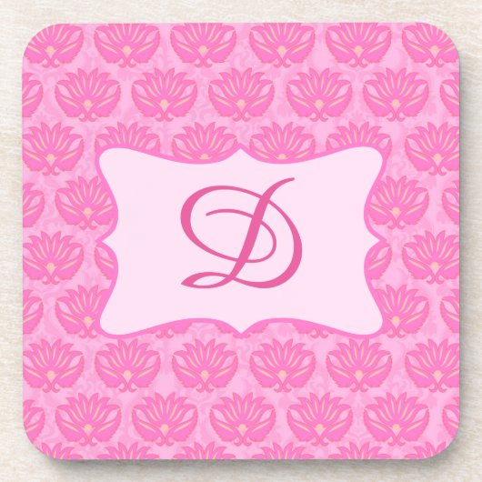 rosa Damask Custom Monogram Initial Untersetzer (Vorderseite)