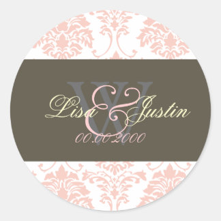 Rosa Damask Monogramm Hochzeitsticker Runder Aufkleber