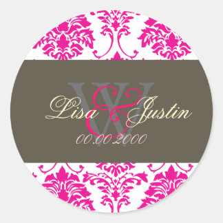 Rosa Damask Monogramm Hochzeitsticker Runder Aufkleber