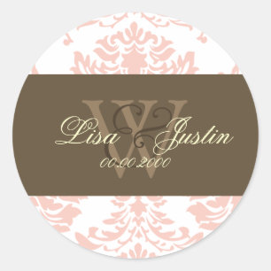 Rosa Damask Monogramm Hochzeitsticker Runder Aufkleber