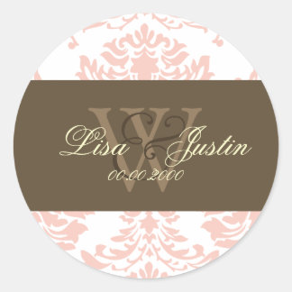 Rosa Damask Monogramm Hochzeitsticker Runder Aufkleber