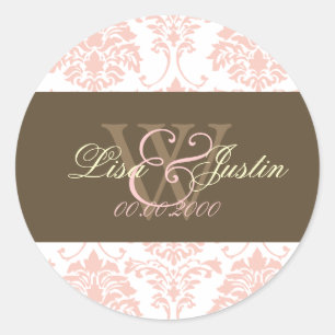 Rosa Damask Monogramm Hochzeitsticker Runder Aufkleber
