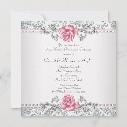 Rosa Damask Silver 25. Hochzeitstag Einladung (Rückseite)