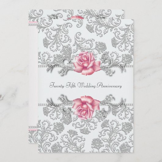 Rosa Damask Silver 25. Hochzeitstag Einladung (Vorne/Hinten)