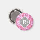 Rosa Damask Trio Monogram Magnet (Vorderseite/Rückseite)