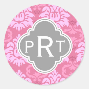 Rosa Damask Trio Monogram Runder Aufkleber