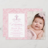Rosa Damaske Cross Girls Foto Taufen Einladungen (Vorne/Hinten)