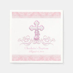 Rosa Damaske Cross Girls Taufe Kommunion Napkins Serviette