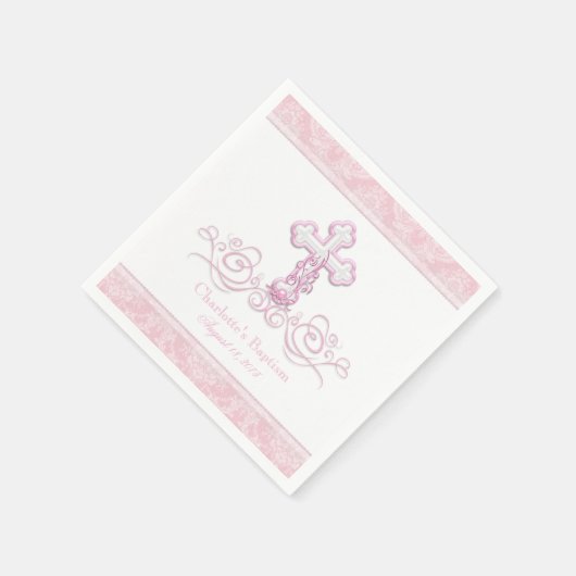 Rosa Damaske Cross Girls Taufe Kommunion Napkins Serviette (Ecke)