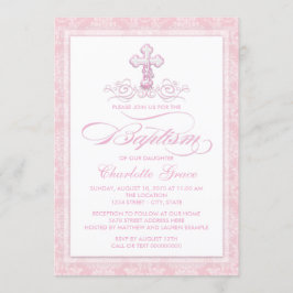 Rosa Damaske Cross Girls Taufen Einladungen