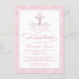 Rosa Damaske Cross Girls Taufen Einladungen