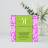 Rosa Damaske Grüne Monogramm Einladung zur Hochzei (Stehend Vorderseite)