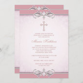 Rosa Damaske Kreuz Erste Kommune Einladung (Vorne/Hinten)