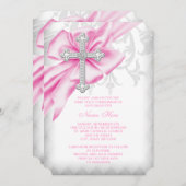 Rosa Damaske Kreuz Erste Kommune Einladung (Vorne/Hinten)