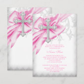 Rosa Damaske Kreuz Erste Kommune Einladung (Vorne/Hinten)