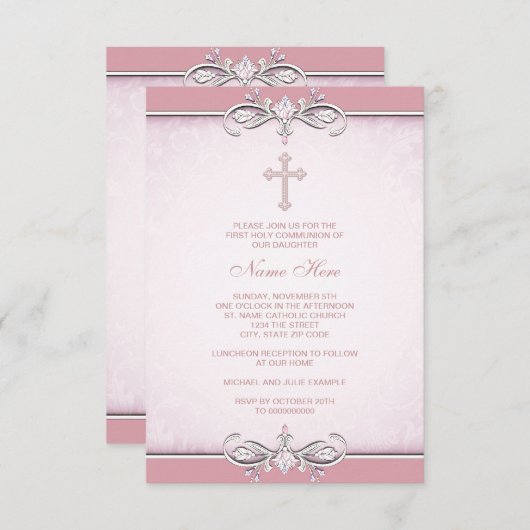 Rosa Damaske Kreuz Erste Kommune Einladung (Vorne/Hinten)