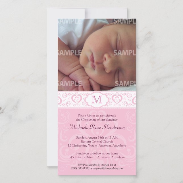 Rosa Damaske Monogram Taufe/Christening (Vorderseite)