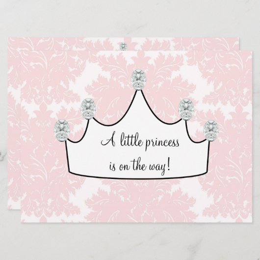 Rosa Damaske Princess Baby Girl Dusche Einladung (Vorne/Hinten)