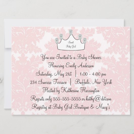 Rosa Damaske Princess Baby Girl Dusche Einladung (Rückseite)