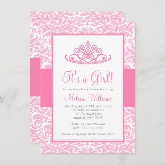 Rosa Damaske Princess Crown Girl Babydusche Einladung (Vorne/Hinten)