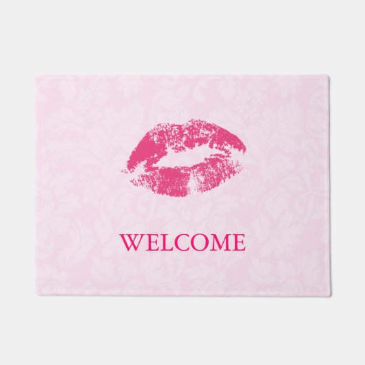 Rosa Damasken und rote Lippen Fußmatte (Vorderseite)