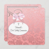 Rosa Damaskt Cross Girls Erste Kommune Einladung (Vorne/Hinten)