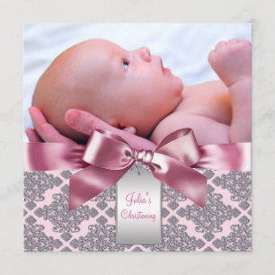 Rosa Damast Baby Mädchen Foto Taufe Einladung