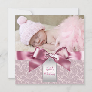 Rosa Damast Baby Mädchen Foto Taufe Einladung