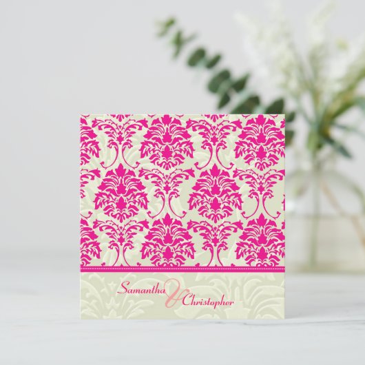 Rosa Damast/Elfenbeindamast Hochzeitsaufenthalte Einladung (Stehend Vorderseite)
