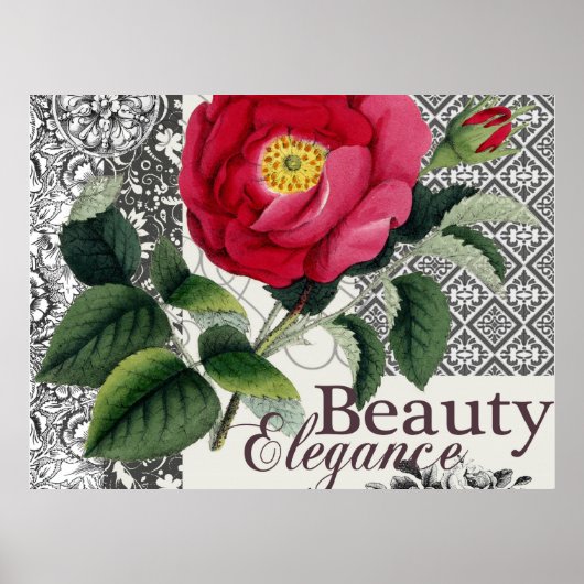 Rosa Damast Hübsche Blumen Antiquität Poster (Vorne)
