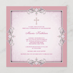 Rosa Damast-Kreuz-Mädchen-Rosa-erste Kommunion Einladung