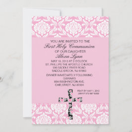 Rosa Damast-Mädchen-Kommunions-Einladung Einladung