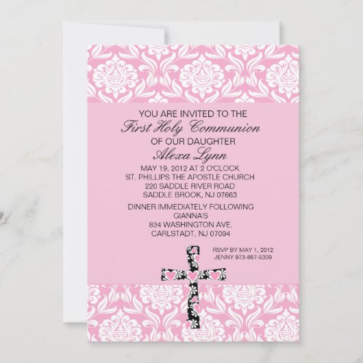 Rosa Damast-Mädchen-Kommunions-Einladung Einladung (Vorderseite)