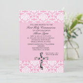 Rosa Damast-Mädchen-Kommunions-Einladung Einladung (Stehend Vorderseite)
