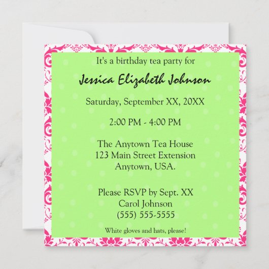 Rosa Damast mit grüner Einladung (Rückseite)