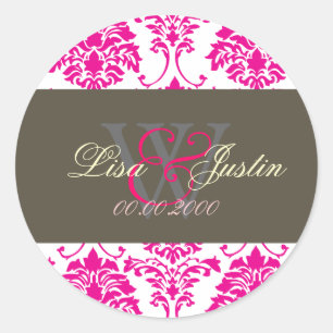 Rosa Damast Monogramm Hochzeitsaufkleber Runder Aufkleber