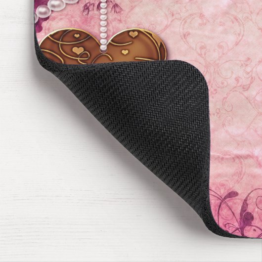 Rosa Damast, Perlen, Herz u. Rosen Mousepad (Ecke)