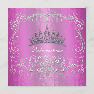Rosa Damast Quinceanera Diamant-Tiara laden ein Einladung