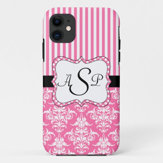 Rosa Damast Stripes personalisiertes Monogramm Case-Mate iPhone Hülle (Rückseite)